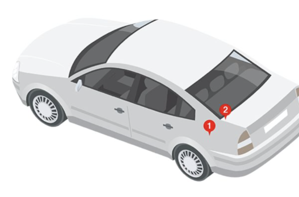 Left side point of view of a white graphic car