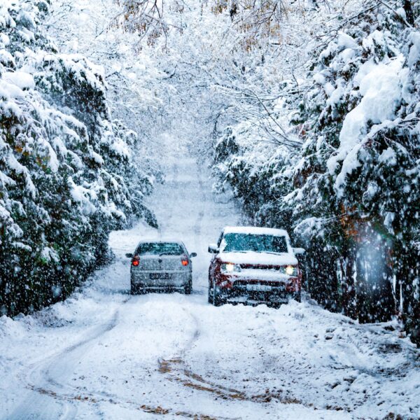 Two cars try to navigate a snowy street lined by snow covered trees. Photo by Hilmi Işılak from Pexel