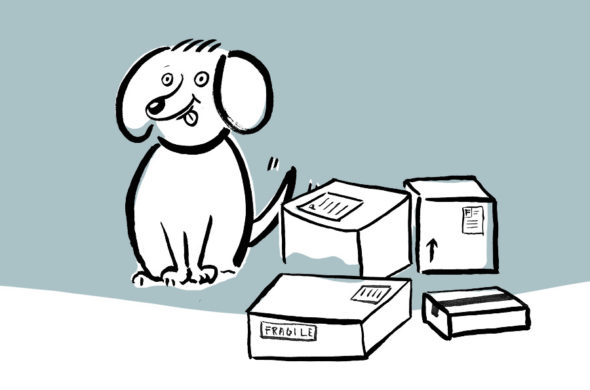 A black and white graphic design on a cartooned dog and fragile boxes beside him