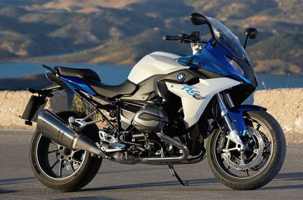 BMW 2015 Motorcycle parked near the lake