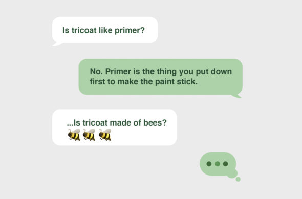 Text message exchange discussing tricoat and primer graphic