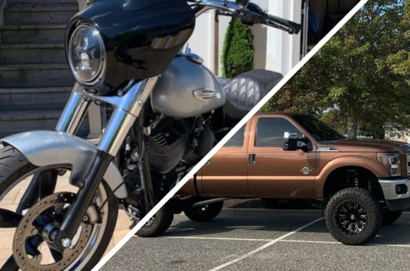 Photo of big bike and brown pick up vehicle