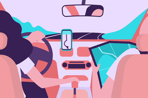 Graphic art of a girl driving in the road and a passenger beside her