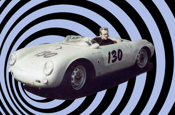James Dean driving Porsche 550 Spyder with whirling blue and black background
