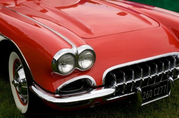 A close-up of a red corvette