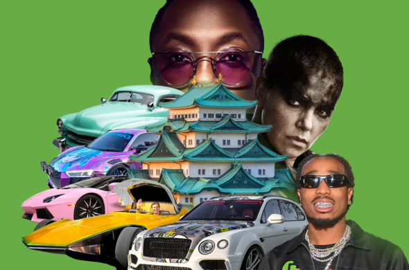 A photo collage of singers and cars and a 1 house