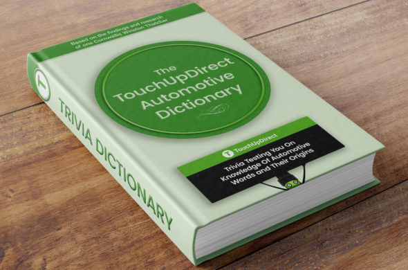 A book with colors black, green and white on the cover page, titled "The TouchUpDirect Automotive Dictionary"