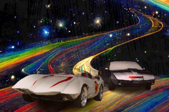 Mach 5 and KITT racing on Rainbow Road